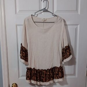 Umgee Cream and Brown Ruffled Blouse